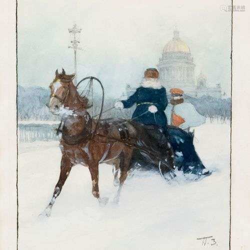 Monogrammed by P.Z., Russian artist c. 1900, sleigh ride thr...