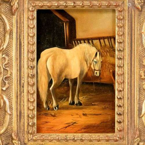 Anonymous painter 2nd h. 20th c., horse in stable, oil on wo...