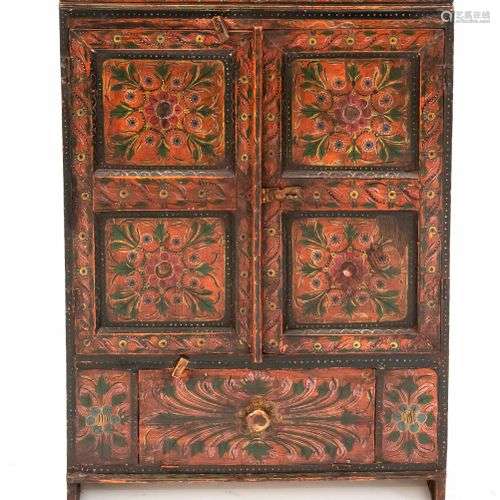 Small cabinet around 1900, wood peasant painted, two doors w...
