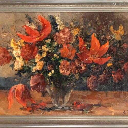 Albert Fessler (1908-1978), lush floral still life, oil on c...