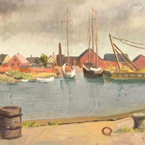 Poul N., Danish painter mid-20th century, harbor scene, oil ...