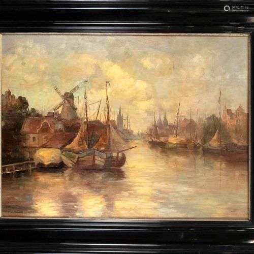 F. Schmidt, view painter c. 1910, large Dutch harbor lot, oi...