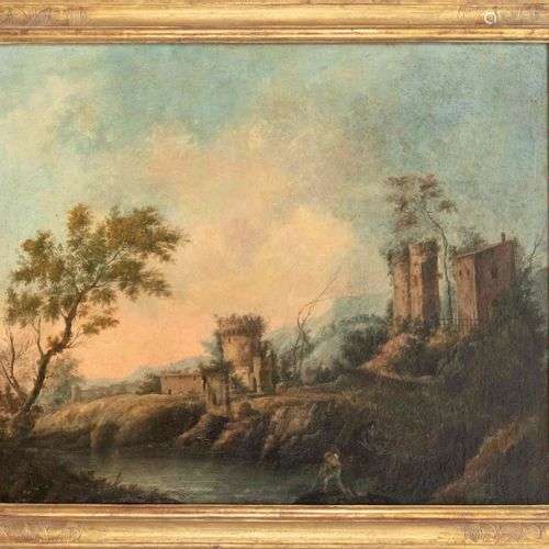 Anonymous painter c. 1700, ideal landscape with overgrown ru...