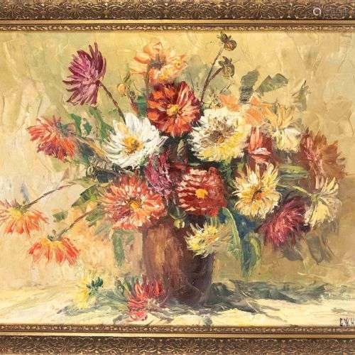 G.W.Hill, mid-20th century, floral still life, oil on canvas...