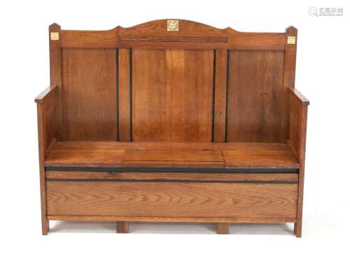 Bench with storage compartment around 1910, solid oak, embos...