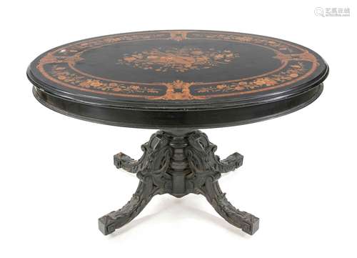 Oval table, Holland mid 19th c., ebonized carved frame, flor...