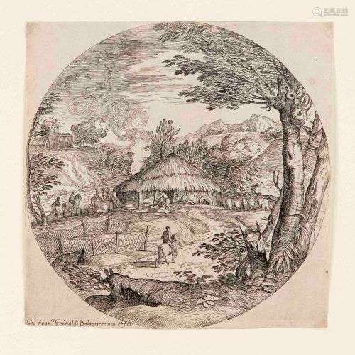 Giovanni Francesco Grimaldi (1606-1680), Landscape tondo wit...