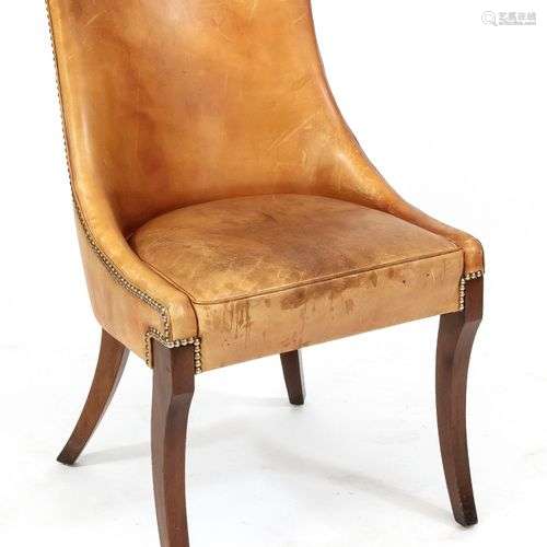 Salon chair, England 19th c., mahogany frame with leather up...