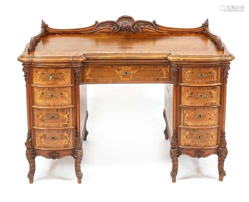 Elegant desk in rococo style around 1900, walnut veneered wi...