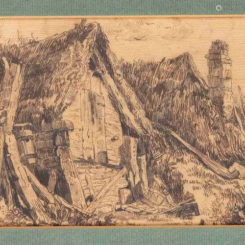 Unidentified artist c. 1800, hayloft and farmhouse, pen and ...