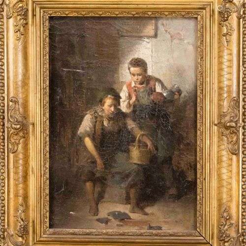 Anonymous genre painter late 19th century, two boys sitting ...