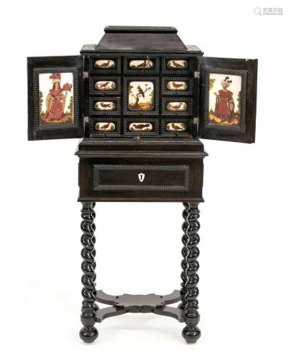 Cabinet, 17th century, wood ebonized, turned frame, frame wi...