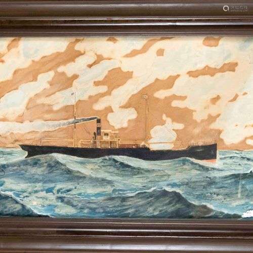 Captain's picture around 1910, small steamer at sea, gouache...