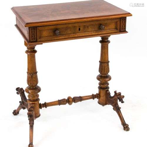 Handmade / sewing table around 1880, solid walnut / veneered...