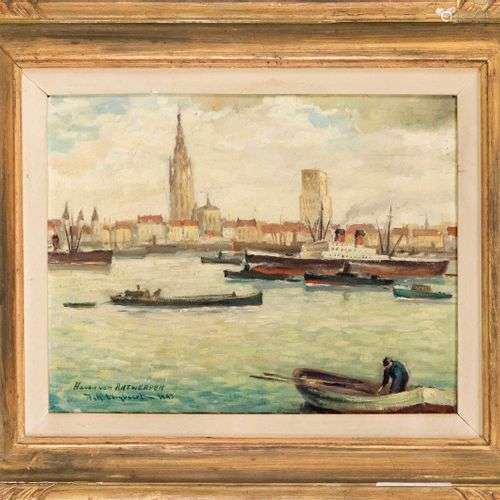 Painter c. 1940, view of the port of Antwerp, oil on canvas,...