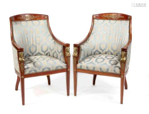 Pair of Empure style armchairs circa 1900, solid mahogany, b...