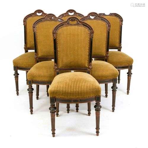 Set of six chairs around 1870, solid mahogany partly ebonize...