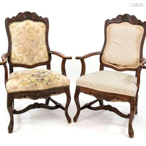 Pair of baroque style armchairs, 20th c., walnut stained bee...