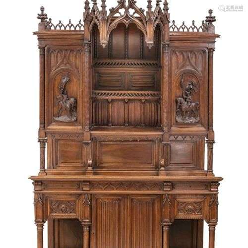 Large top buffet in neo-gothic style around 1880, solid waln...