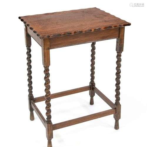 Side table around 1900, solid oak, corkscrew legs, wavy top,...
