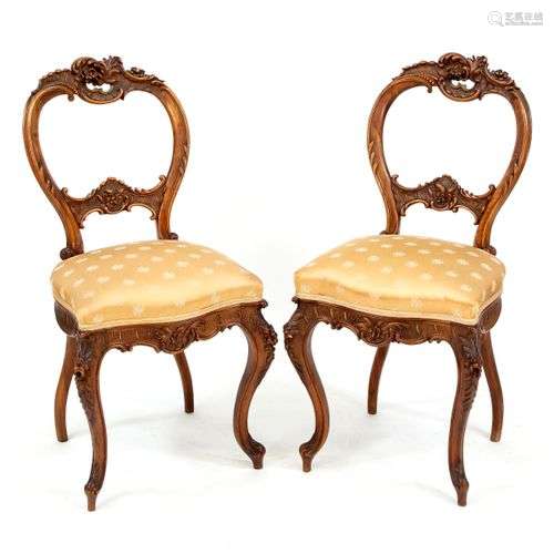 Pair of chairs in rococo style, 19th century, solid walnut, ...