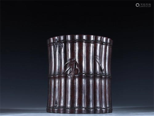 A Carved Zitan Wood Brush Pot