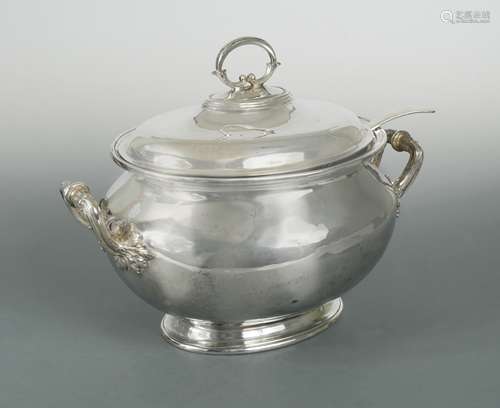 A Victorian silver-plated covered soup tureen and ladle,