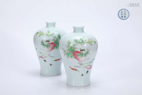 Enameled plum vase with flowers, fruits, insects and poems