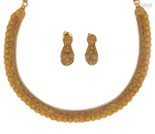 A necklet and ear pendant suite of Indian origin,