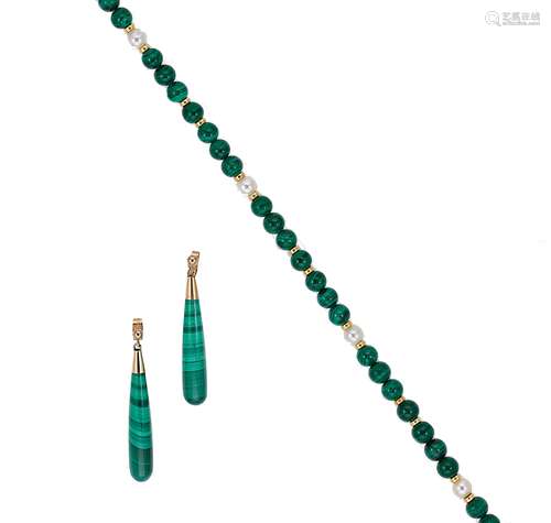 A malachite and pearl bead necklace with a pair of ear penda...