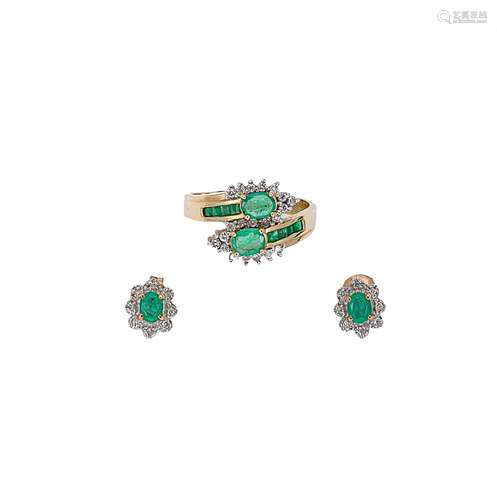 An emerald and diamond ring together with a pair of cluster ...