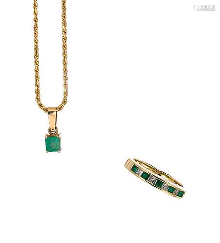 An emerald and diamond ring together with an emerald pendant...