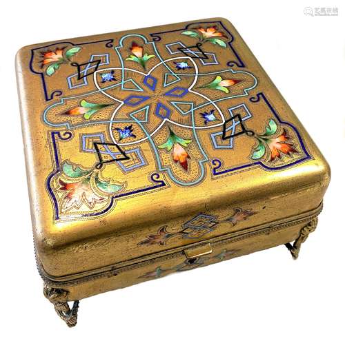 A gilt metal and enamel jewellery casket,