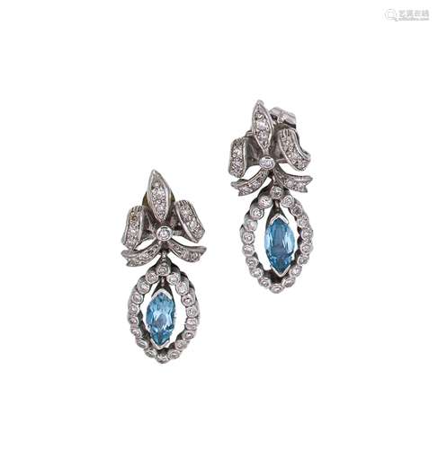 A pair of aquamarine and diamond ear pendants,