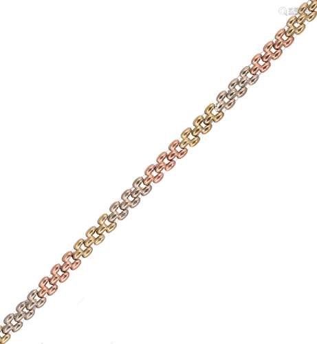 A 9ct three colour gold brick link necklet,