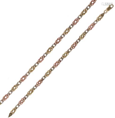 A 9ct three colour gold necklet and bracelet suite,