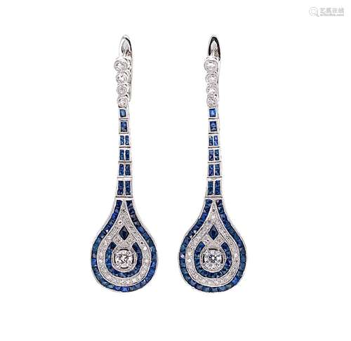 A pair of Art Deco style sapphire and diamond ear pendants,