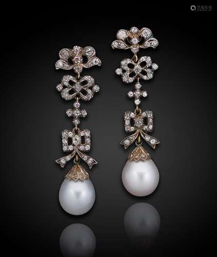 A pair of Edwardian pearl and diamond ear pendants,