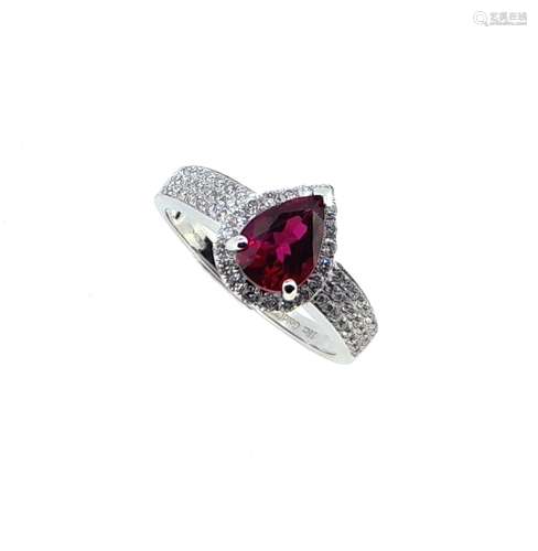 An 18ct gold pear shape rubellite and diamond cluster ring,