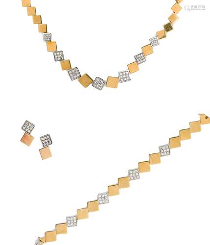 A diamond set suite of a necklet, bracelet and ear pendants,