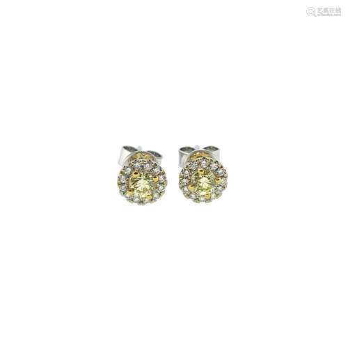 A pair of fancy coloured diamond halo style ear studs,