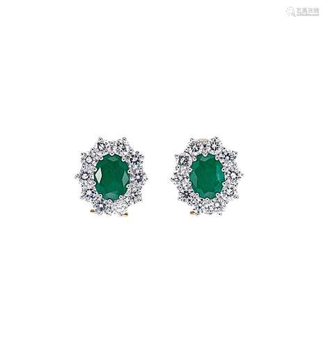 A pair of emerald and diamond cluster ear studs,