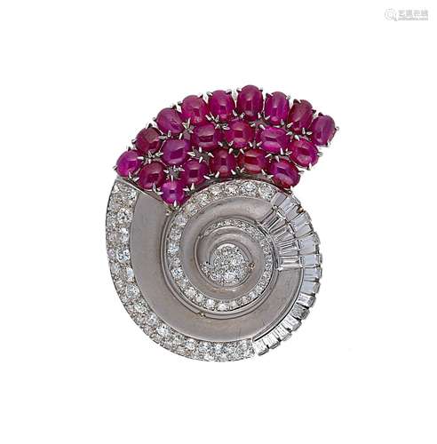 A ruby, diamond and white sapphire brooch,