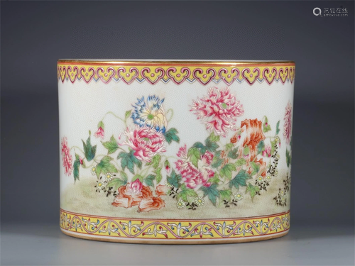 A Famille Rose Porcelain Brush Pot with Calligraphy