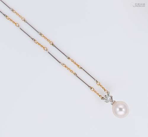 A pearl and diamond pendant with a gold and platinum chain,