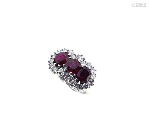 A ruby and diamond triple cluster ring,