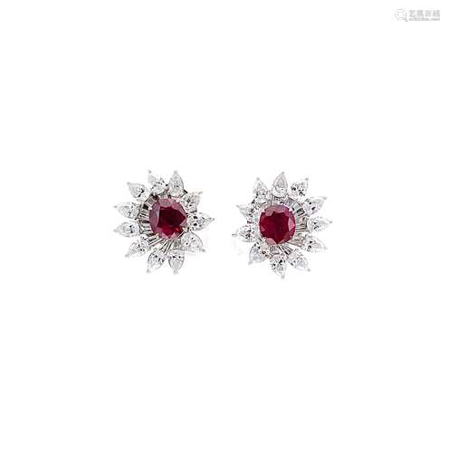 A pair of Burmese ruby and diamond cluster ear studs,