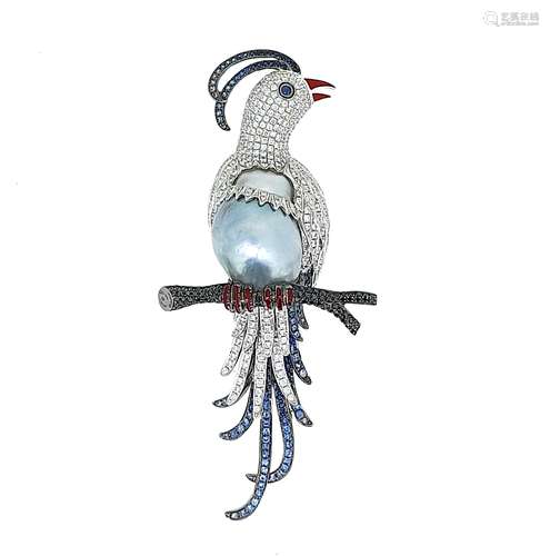 A diamond, pearl and enamel stylised bird of paradise brooch...