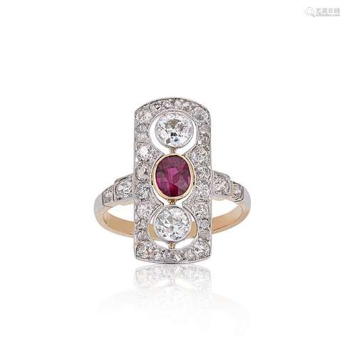 An Edwardian ruby and diamond panel ring,