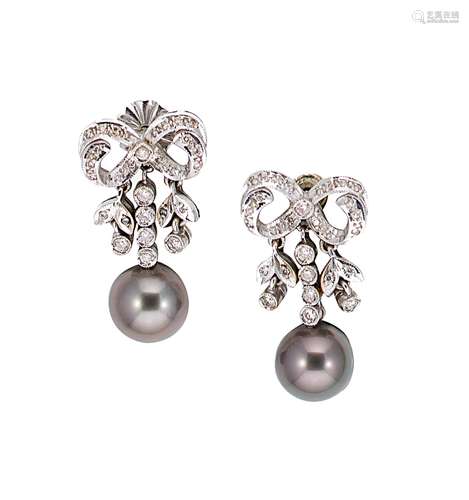 A pair of diamond and cultured Tahitian pearl ear pendants,